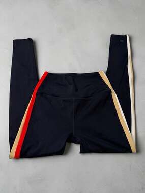 Splits59 Black Leggings with Red and Beige Side Stripes